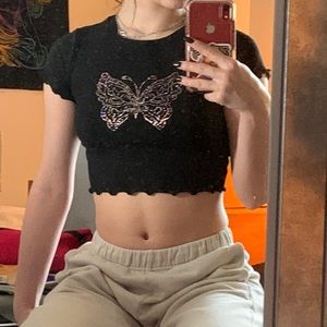 Black cute crop top, glitter butterfly detail